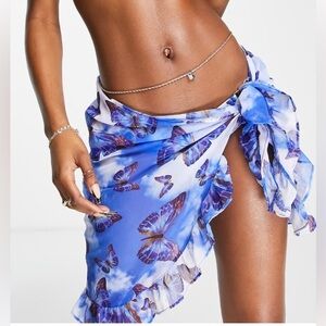 MODA MINX Blue Butterfly Print Sheer Wrap Skirt cover up size one size